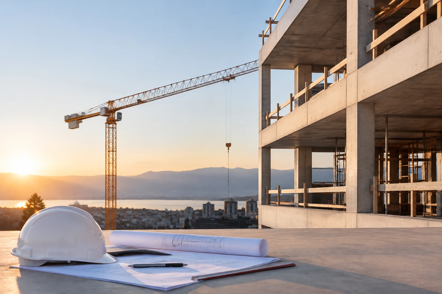 Immeuble en construction, grue et plans de bâtiment au coucher du soleil.
