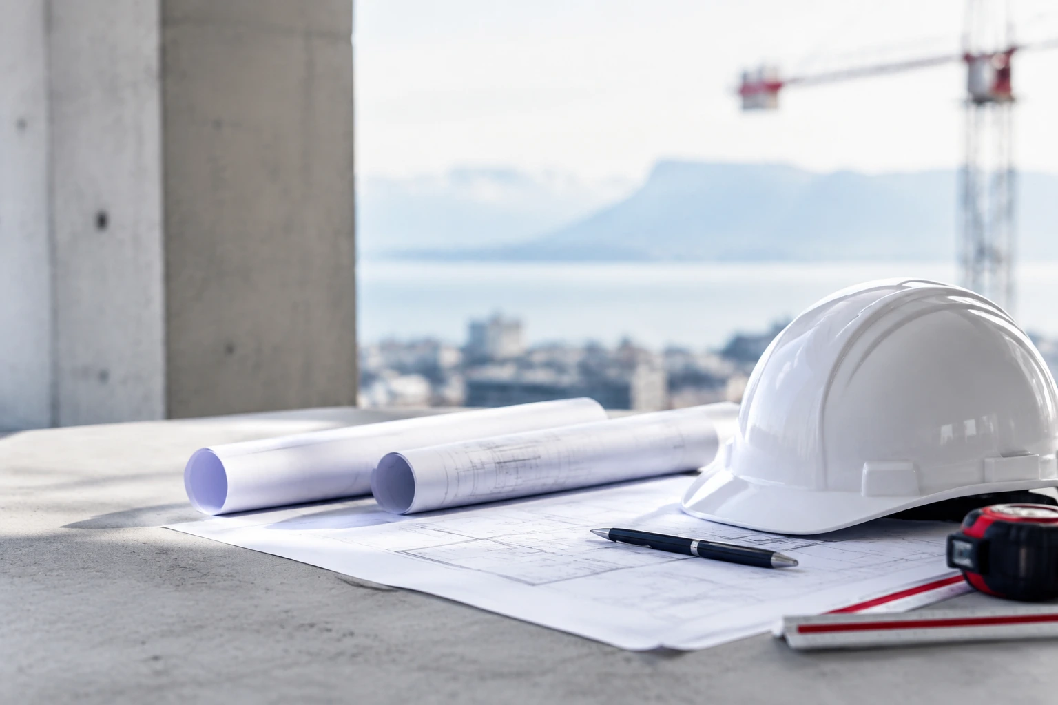 Plans de bâtiment et casque de chantier, avec une grue en arrière-plan.