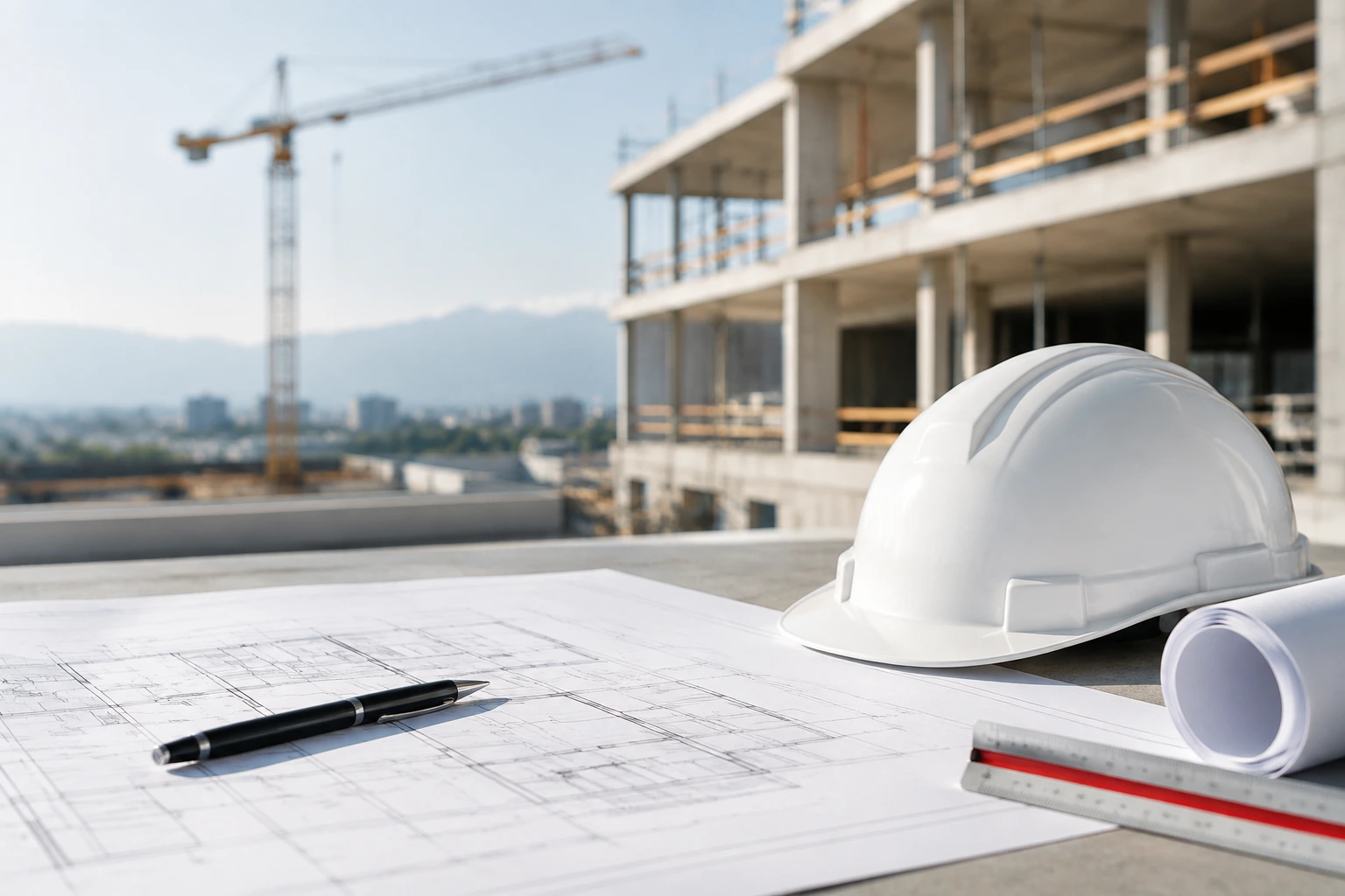 Casque de chantier et plans devant un immeuble en construction.